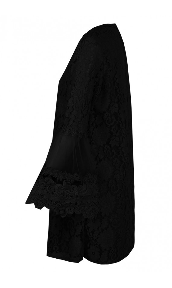 Robe noire en dentelle à fleurs, manches longues et coupe droite