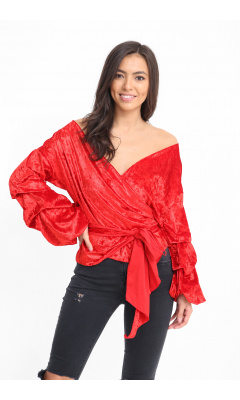 Velvet red blouse puffed sleeves encircles knotted