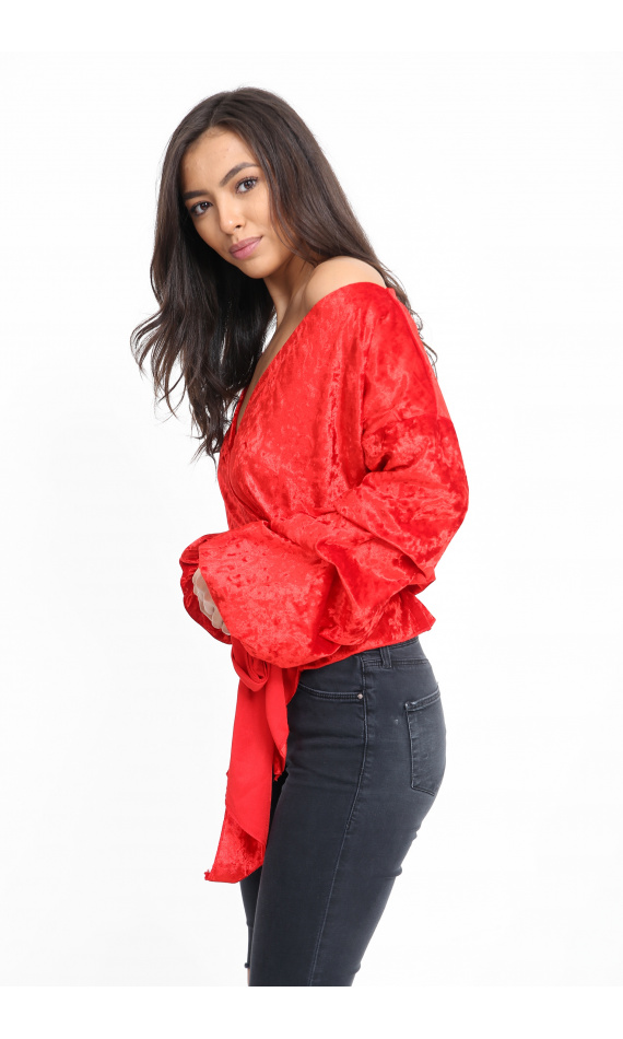 Velvet red blouse puffed sleeves encircles knotted
