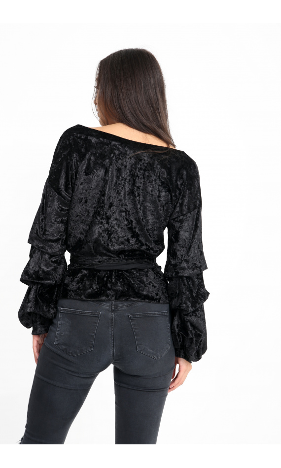 Velvet black blouse puffed sleeves encircles knotted